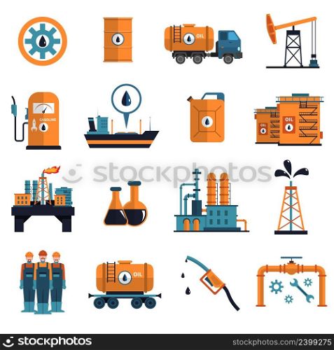 Oil icons set with petrol and gasoline symbols flat isolated vector illustration . Oil Icons Set 