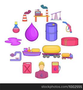 Oil industrial icons set in cartoon style. Energy and fuel production set collection vector illustration. Oil industrial icons set, cartoon style