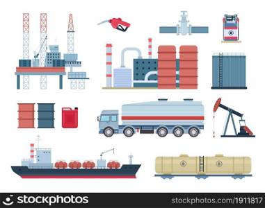 Oil industry and gas production elements, refinery and drilling platform. Fuel transportation, tank truck and ship. Petroleum rig vector set. Refinery, plant industrial or chemical equipment. Oil industry and gas production elements, refinery and drilling platform. Fuel transportation, tank truck and ship. Petroleum rig vector set