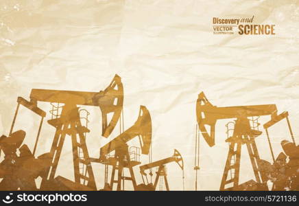 Oil industry background with oil pumps over old paper. Vector illustration.