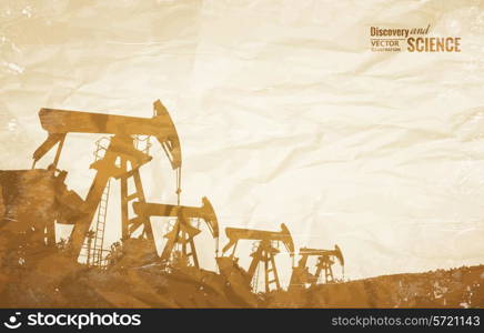 Oil industry background with oil pumps over old paper. Vector illustration.