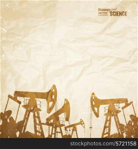 Oil industry background with oil pumps over old paper. Vector illustration.