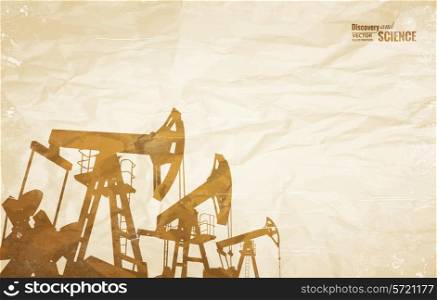 Oil industry background with oil pumps over old paper. Vector illustration.