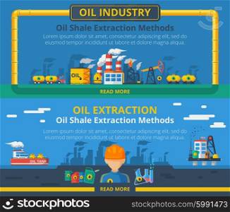Oil industry banner set. Oil industry horizontal banner set with extraction symbols isolated vector illustration