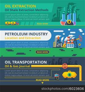 Oil industry banner set. Oil industry horizontal banner set with petroleum transportation elements isolated vector illustration