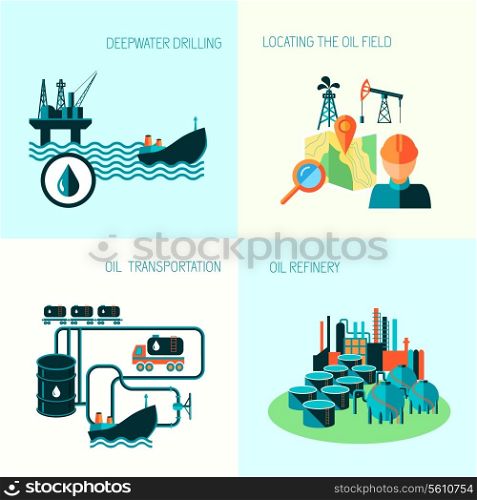 Oil industry business concept of gasoline diesel production fuel distribution and transportation four icons composition vector illustration