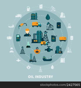 Oil industry composition with isolated flat icons and silhouettes of petroleum production transportation and storage facilities vector illustration. Petroleum Icons Round Composition