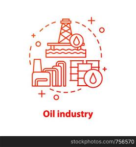 Oil industry concept icon. Petroleum production idea thin line illustration. Offshore sea well, oil barrels, industrial plant. Vector isolated outline drawing. Oil industry concept icon