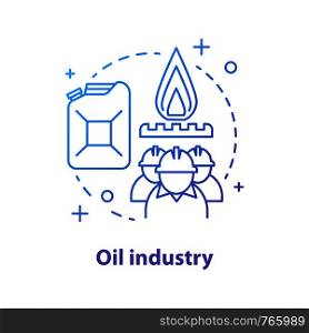 Oil industry concept icon. Petroleum production idea thin line illustration. Industrial factory workers, petroleum canister, gas burner. Vector isolated outline drawing. Oil industry concept icon
