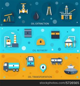 Oil industry flat banners set with extraction refinery transportation elements isolated vector illustration