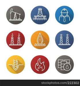 Oil industry flat linear long shadow icons set. Pump jack, barrels, drilling bit, gas and fuel production platforms, flammable sign, industrial worker, offshore well. Vector line illustration. Oil industry flat linear long shadow icons set