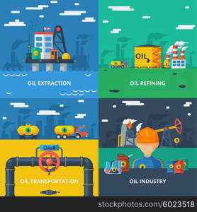 Oil industry flat set. Oil industry design concept set with extraction refining and transportation isolated vector illustration
