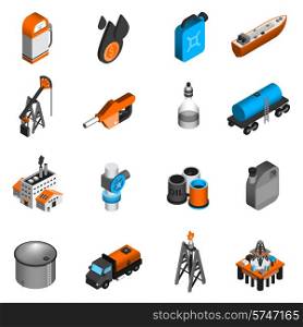 Oil industry gasoline processing petroleum transportation isometric icons set isolated vector illustration