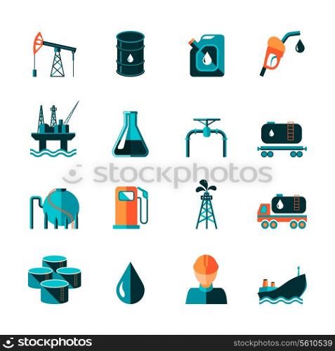 Oil industry gasoline processing symbols icons set in flat style with tanker truck petroleum can and pump isolated vector illustration