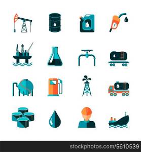 Oil industry gasoline processing symbols icons set in flat style with tanker truck petroleum can and pump isolated vector illustration