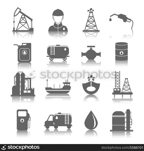 Oil industry gasoline processing symbols icons set with tanker truck petroleum can and pump isolated vector illustration