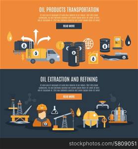 Oil industry horizontal banner set with extraction refining and transportation elements isolated vector illustration. Oil Industry Banner