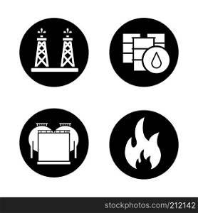 Oil industry icons set. Oil rig, barrels and storage, flammable sign. Vector white silhouettes illustrations in black circles. Oil industry icons set