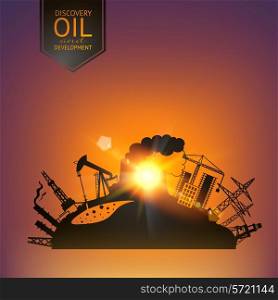 Oil industry illustration in sunset rays. Vector illustration.