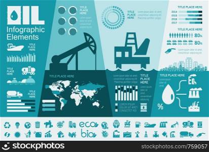 Oil Industry Infographic Elements. Plus Icon Set. Opportunity to Highlight any Country On the World Map. Vector Illustration EPS 10.