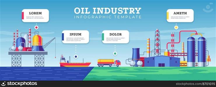 Oil industry infographic. Petroleum production distribution transportation business presentation, refinery plant offshore crude extraction. Vector illustration. Sipping and processing petrol. Oil industry infographic. Petroleum production distribution transportation business presentation, refinery plant offshore crude extraction. Vector illustration