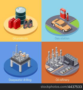 Oil Industry Isometric 4 Icos Square . Oil industry isometric 4 icons square poster with refinery plant and gas station abstract isolated vector illustration