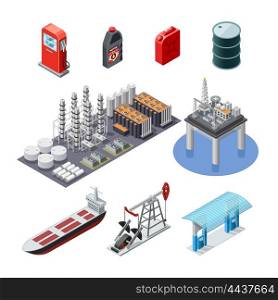 Oil Industry Isometric Icons Set . Oil industry isometric icons collection with pump jack tanker canister and sea platform abstract isolated vector illustration