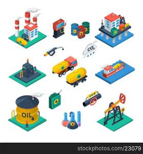 Oil Industry Isometric Icons Set. Oil production and distribution industry constructions isometric icons collection with refinery reservoir tank abstract vector isolated illustration