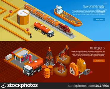 Oil Industry Isometric Webpage Banners Set . Gas oil industry storage and transportation facilities 2 isometric horizontal banners with filling station isolated vector illustration