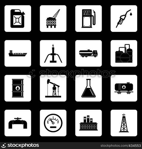 Oil industry items icons set in white squares on black background simple style vector illustration. Oil industry items icons set squares vector