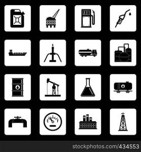Oil industry items icons set in white squares on black background simple style vector illustration. Oil industry items icons set squares vector