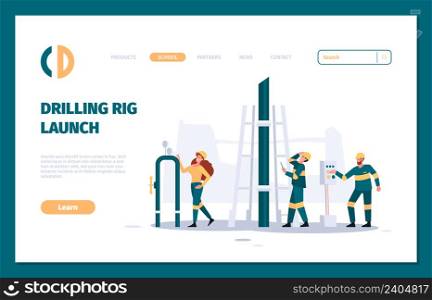 Oil industry landing. Gas industrial pipeline professional engineers check service mechanical workers garish vector business web page template. Illustration of oil petroleum industry. Oil industry landing. Gas industrial pipeline professional engineers check service mechanical workers garish vector business web page template