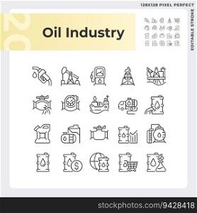 Oil industry linear icons set. Energy market. Natural resource. Petroleum refining. Fuel economy. Customizable thin line symbols. Isolated vector outline illustrations. Editable stroke. Oil industry linear icons set
