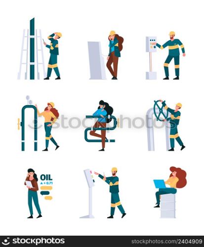 Oil industry person. Professional workers industrial engineers working on pipelines gas production garish vector flat characters. Illustration professional worker oil, engineer gas industrial. Oil industry person. Professional workers industrial engineers working on pipelines gas production garish vector flat characters