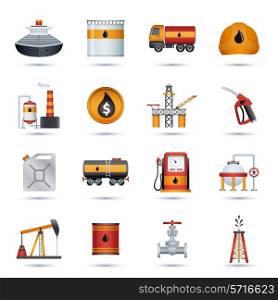 Oil industry petroleum fuel processing transportation and extraction icons set isolated vector illustration