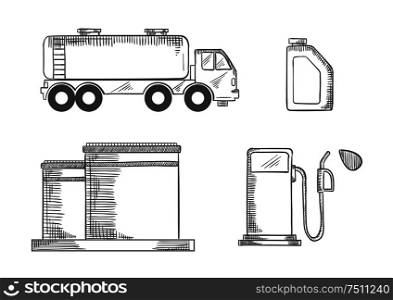 Oil industry sketched icons of r storage, transportation and sale of gasoline, tanks, pump and canister. Vector sketch illustration. Oil industry and transportation sketched icons