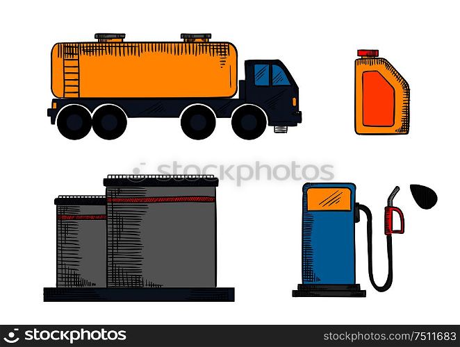 Oil industry storage, transportation and filling station icons with tanks, pump, gasoline tank and oil canister. Storage, transportation and filling station