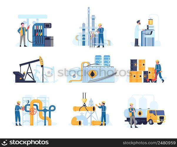 Oil industry workers. Petroleum processing. People work at gasoline station or refinery. Gas engineers. Rigs and pipeline construction. Different mechanic pumps. Vector fossil fuel extraction set. Oil industry workers. Petroleum processing. People at gasoline station or refinery. Gas engineers. Rigs and pipeline construction. Mechanic pumps. Vector fossil fuel extraction set