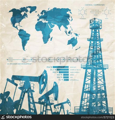 Oil infographics with oil pumps and derrick. Vector illustration.