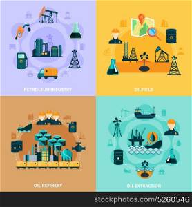 Oil Infrastructure Design Concept. Oil industry design concept with round compositions of petroleum production and operating equipment icons and silhouettes vector illustration