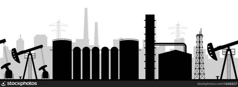Oil manufacturing black silhouette seamless border. Industrial buildings monochrome vector illustration. Factory decorative ornament design. Oil drilling rig repeating pattern. Oil manufacturing black silhouette seamless border