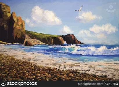 Oil painting on canvas , sea landscape with seagull