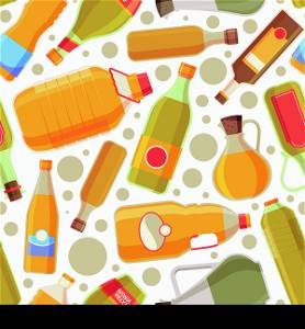 Oil pattern. Yellow liquid ingredients in bottles for cooking garish vector seamless background. Illustration of bottle oil ingredient, food liquid. Oil pattern. Yellow liquid ingredients in bottles for cooking garish vector seamless background