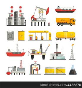 Oil Petrol Industry Icons Set. Different transports constructions and factories of oil petrol industry flat icons set isolated vector illustrations