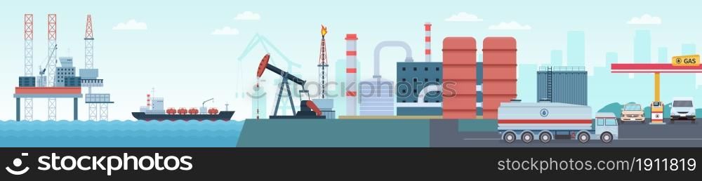 Oil petroleum industry extraction, production and transportation infographic. Sea rig, tanker, refinery plant and gas station vector concept. Fuel tanker ship delivering oil to factory. Oil petroleum industry extraction, production and transportation infographic. Sea rig, tanker, refinery plant and gas station vector concept