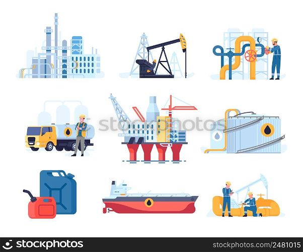 Oil petroleum industry. Flat style refinery factory. Gas platforms and tankers. Rigs and pumps. Gasoline transportation and storage. Fuel mining. Petrol pipeline and canister. Vector industrial set. Oil petroleum industry. Flat style refinery factory. Platforms and tankers. Rigs and pumps. Gasoline transportation and storage. Fuel mining. Pipeline and canister. Vector industrial set