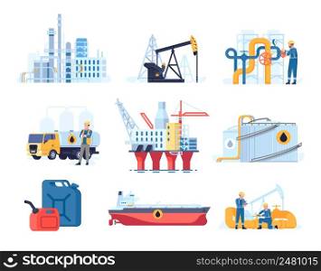 Oil petroleum industry. Flat style refinery factory. Gas platforms and tankers. Rigs and pumps. Gasoline transportation and storage. Fuel mining. Petrol pipeline and canister. Vector industrial set. Oil petroleum industry. Flat style refinery factory. Platforms and tankers. Rigs and pumps. Gasoline transportation and storage. Fuel mining. Pipeline and canister. Vector industrial set