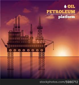 Oil petroleum sea platform building with sunset on background vector illustration. Oil Petroleum Platform