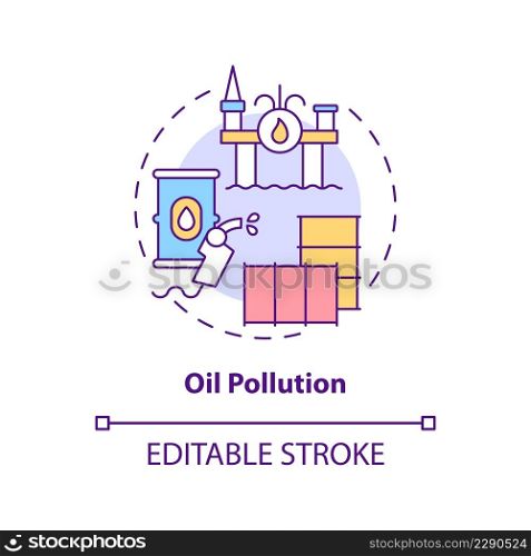 Oil pollution concept icon. Water pollution cause abstract idea thin line illustration. Oceanic oil and petroleum spills. Isolated outline drawing. Editable stroke. Arial, Myriad Pro-Bold fonts used. Oil pollution concept icon