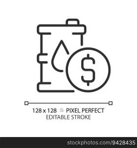 Oil price linear icon. Energy transition. Petrol barrel. Stock market. Fuel economy. Global trade. Crude oil. Thin line illustration. Contour symbol. Vector outline drawing. Editable stroke. Oil price linear icon